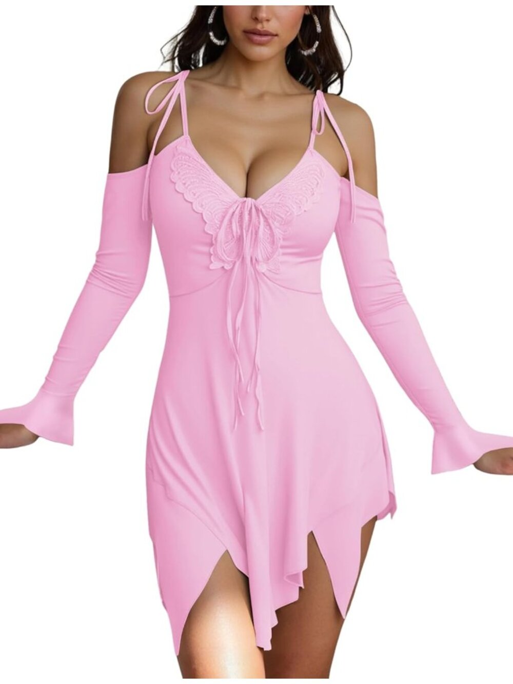 Women's Pink Midi Halloween Costumes Off Shoulder Butterfly Flowy Dress